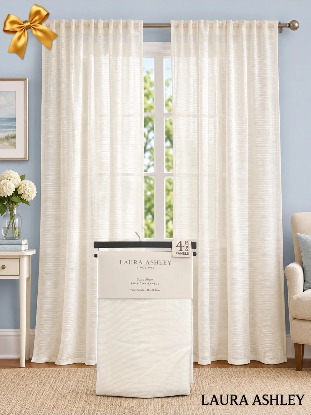 Laura Ashley Solid Sheer Pole Top Curtain Panels 4 Pack 38x84 White NIP